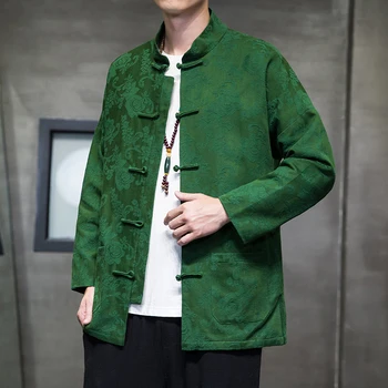 2023New Осенний мужской костюм из хлопка и конопли Tang, пальто в китайском стиле, винтажная куртка Hanfu с принтом на дисковых пуговицах, верхняя мужская куртка, свободное пальто