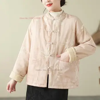 2024 китайское винтажное утепленное пальто, костюм в стиле восточный тан с традиционным цветочным принтом, улучшенная теплая куртка, топы hanfu, пальто с хлопковой подкладкой