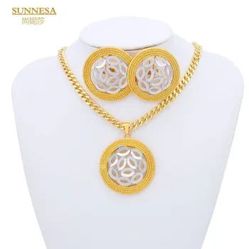 SUNNESA Fashion, комплекты ювелирных изделий из Дубая серебристо-золотого цвета, Круглая подвеска, Женское ожерелье с позолотой 18 карат, Серьги, подарок для Африканской вечеринки