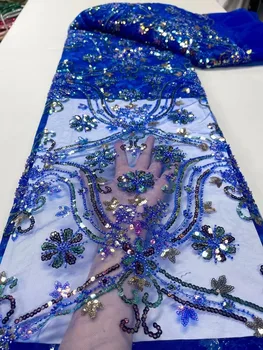 Африканская Королевская синяя кружевная ткань ручной работы из бисера для свадьбы 2023 года, высококачественные Нигерийские Французские сетчатые тюлевые кружевные ткани с пайетками
