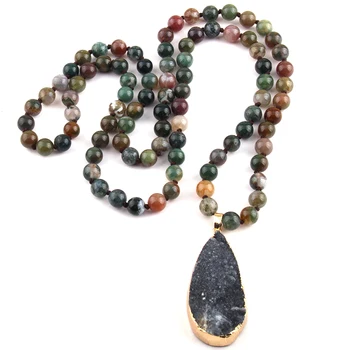 Богемные племенные украшения длинные Ожерелья с натуральными Друзами из индийского агата, завязанные узлом.
