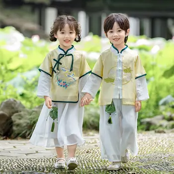 Китайский детский костюм Hanfu Tang, топ и юбка с драконом и Фениксом, Новый год 2024 г.