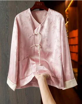 Роскошная Жаккардовая рубашка, Женская Атласная одежда эпохи Тан, Топы Ципао, Розовое Новое пальто в китайском стиле, Винтажный костюм на пуговицах с длинным рукавом